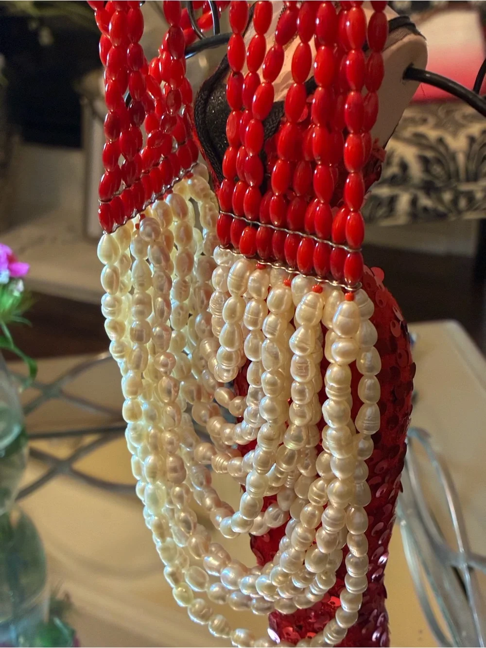NOS VINTAGE Multi-strand White FW Pearls and Red Coral Beads- Single-owner - Picture 3 of 8
